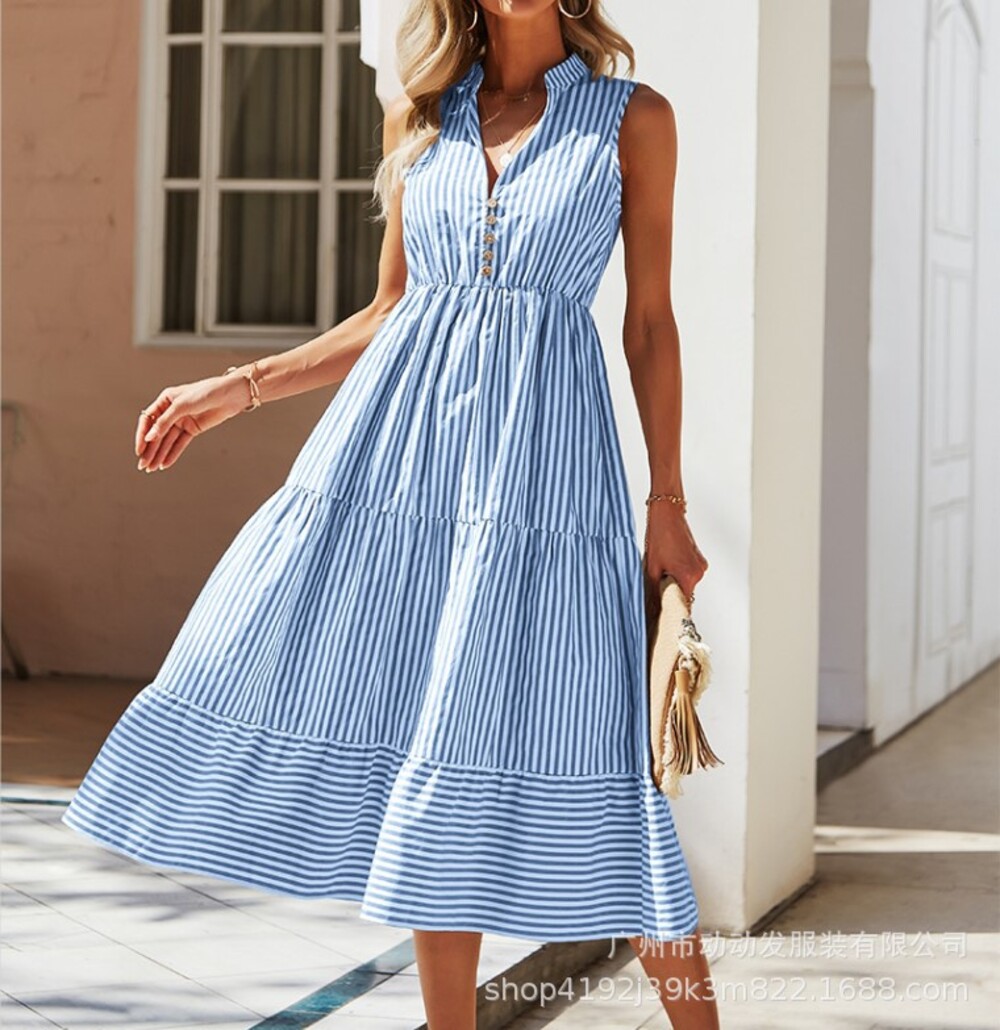 Women's Blue Striped Collared V-Neck Sleeveless Tiered Maxi Dress